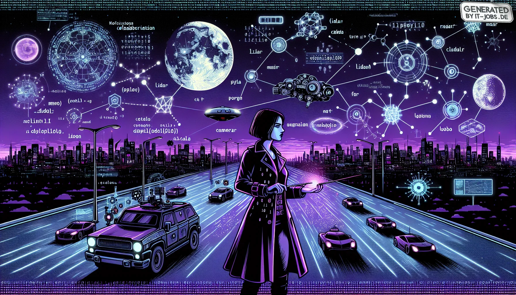 The visualization unfolds like a dynamic comic panel, bursting with energy and rich detail, cloaked in an edgy, dark purple theme that saturates the scene.
**Foreground:**
Central to the image is a cyberpunk figure, the aspirational AV Specialist. They s