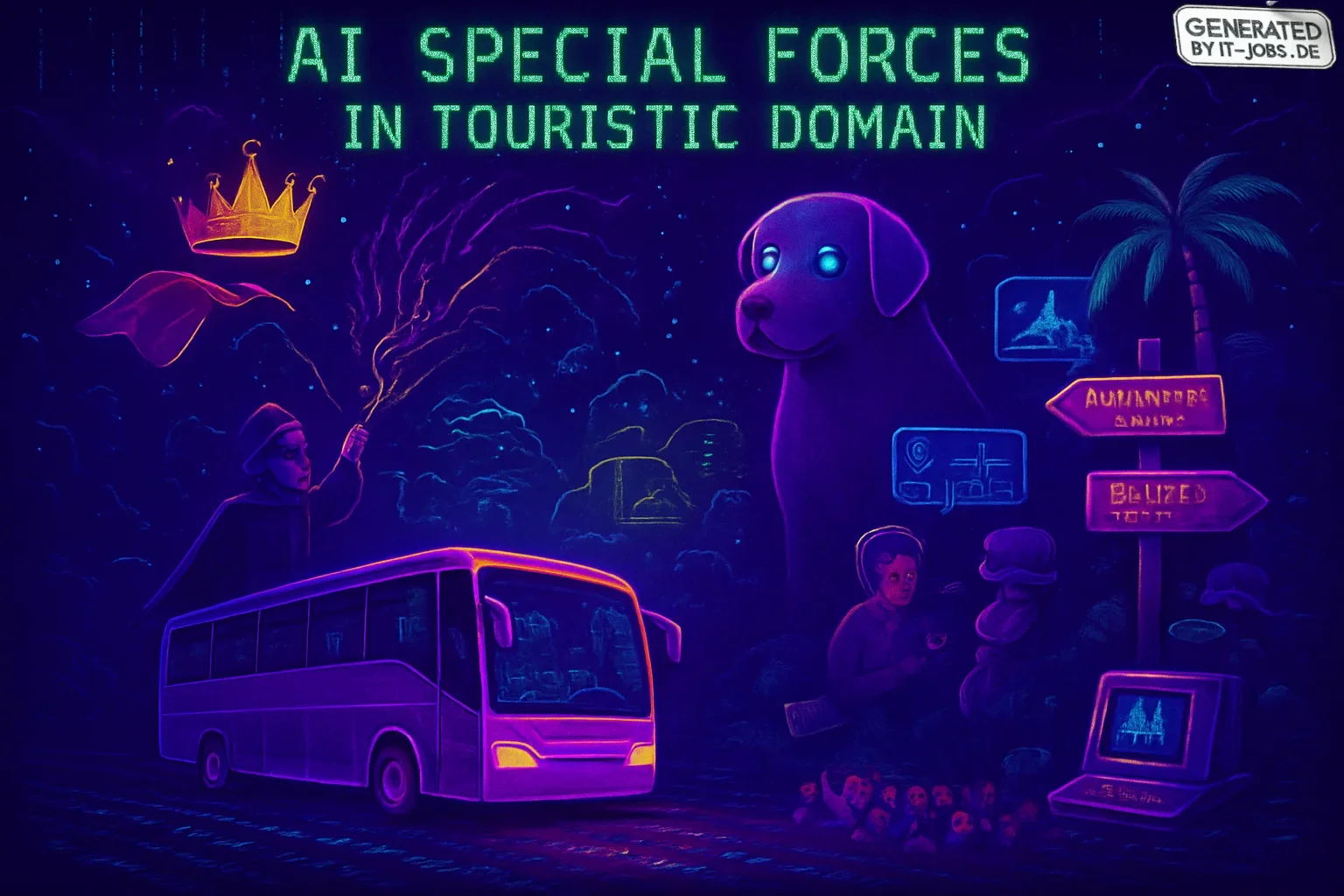 A vivid digital landscape features a neon tour bus on a code-paved road. A pixelated Harry Potter casts Python spells while a giant ChatGPT, resembling a Labrador, explains algorithms to pixel-art humans. A bubbling cauldron produces magical tourism exper
