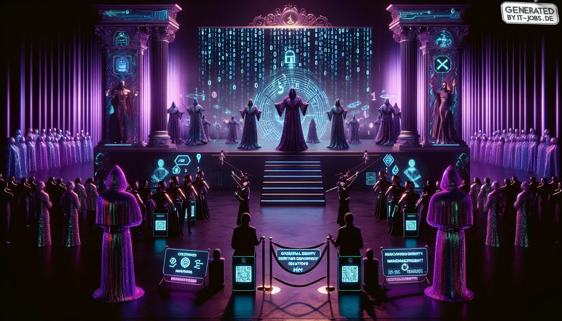 In a dimly lit digital realm painted in rich, dark purple hues, the scene unfurls like an electrifying cybernetic tapestry. At its heart, the epicenter of this enigmatic image, stands a grandiose stage, a cyber masquerade ball bustling with ethereal figur