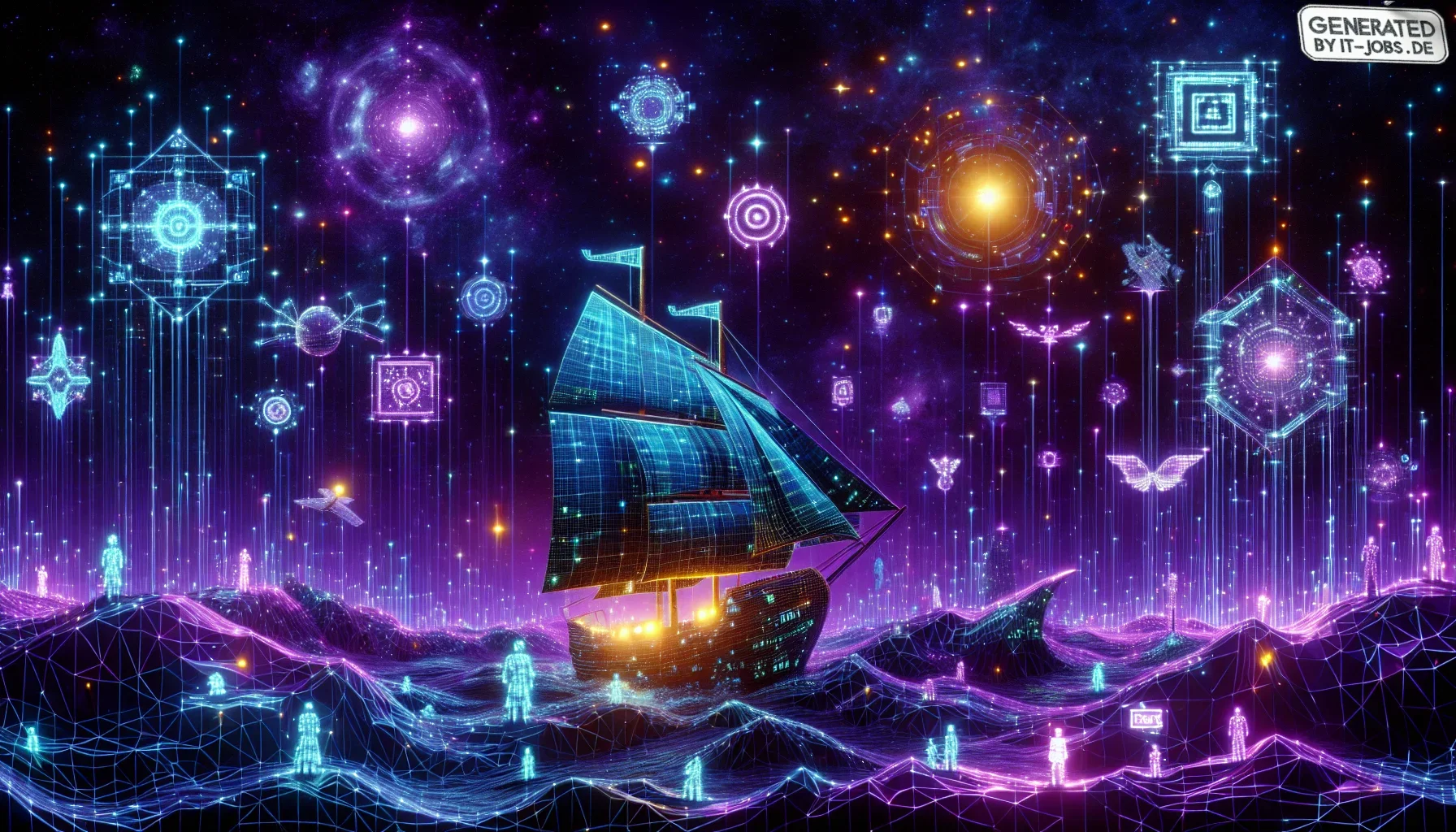 In this visualization, the dark purple theme envelopes the scene, giving it an edgy and mystical aura. The backdrop is a starry expanse, like a digital cosmos, interspersed with neon-hued constellations that resemble circuit patterns — a nod to the IT the