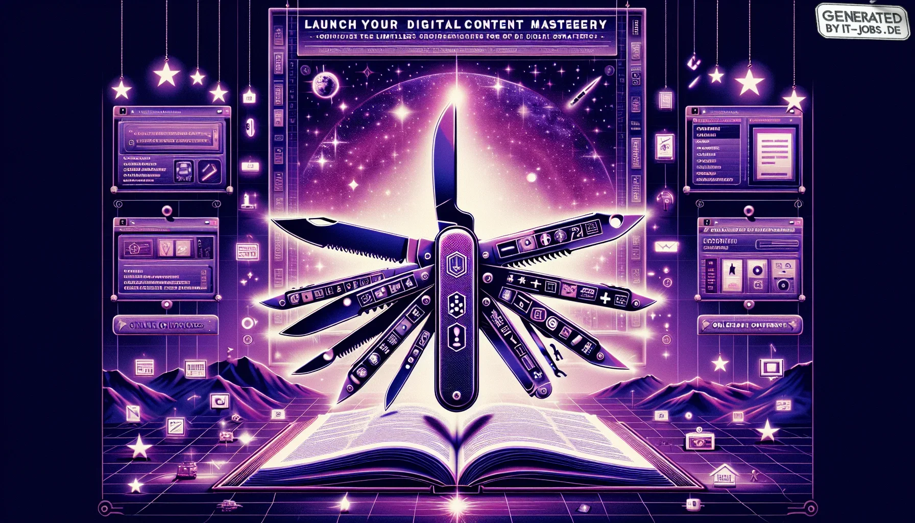 I imagine a striking, edgy poster that embodies the essence of the paragraph, drenched in a dark purple theme to set the atmosphere of mystery and depth. The background is a swirling galaxy, a vast digital cosmos symbolizing the boundless realm of digital