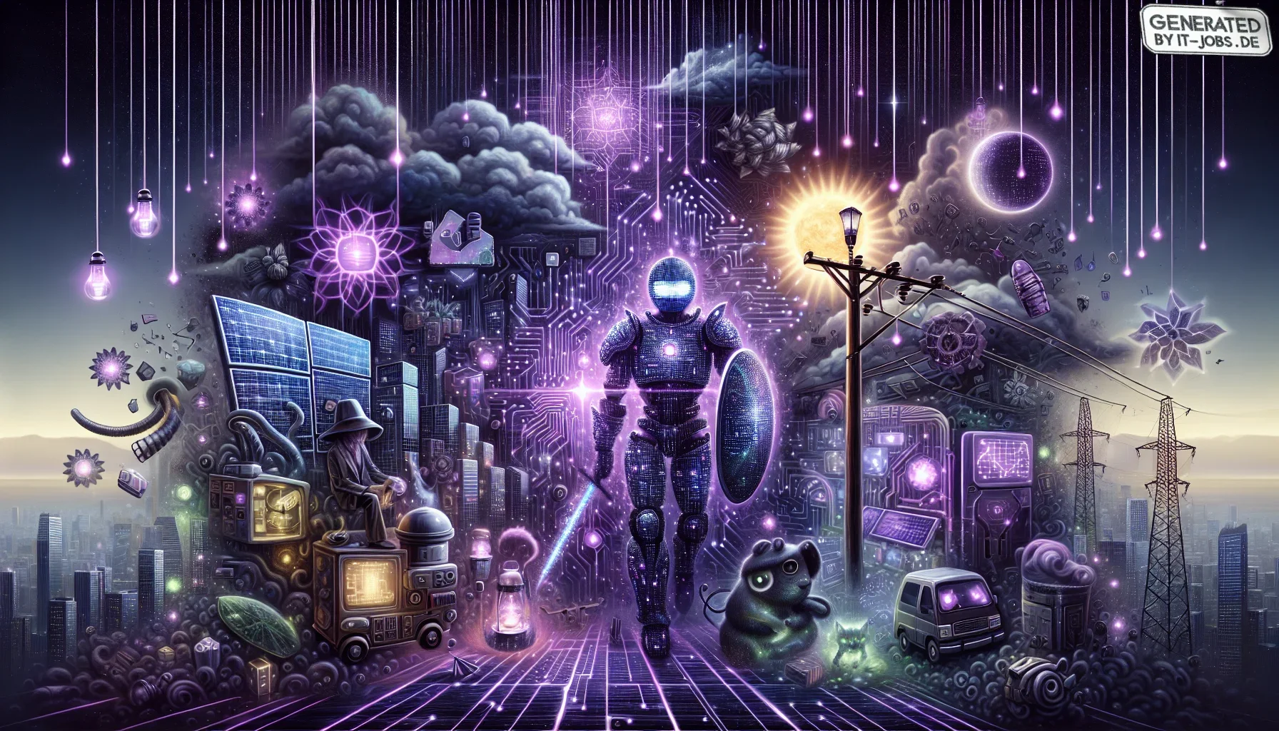 The visualization of this narrative would be a captivating, edgy tapestry of intertwined technological marvels and pop-cultural whimsy, all awash in a dark purple hue, creating an atmosphere that is both futuristic and fantastical. At the center, a toweri