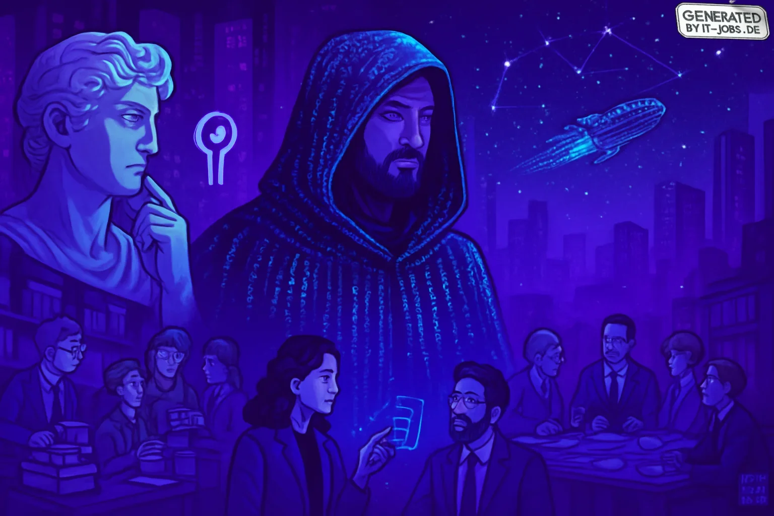 In a vibrant digital cityscape, an AI Specialist stands as a modern wizard amidst cascading binary code. They orchestrate algorithms like a maestro, surrounded by a marble sculpture of complex customer behaviors and a cosmic vista of data. Collaborating t
