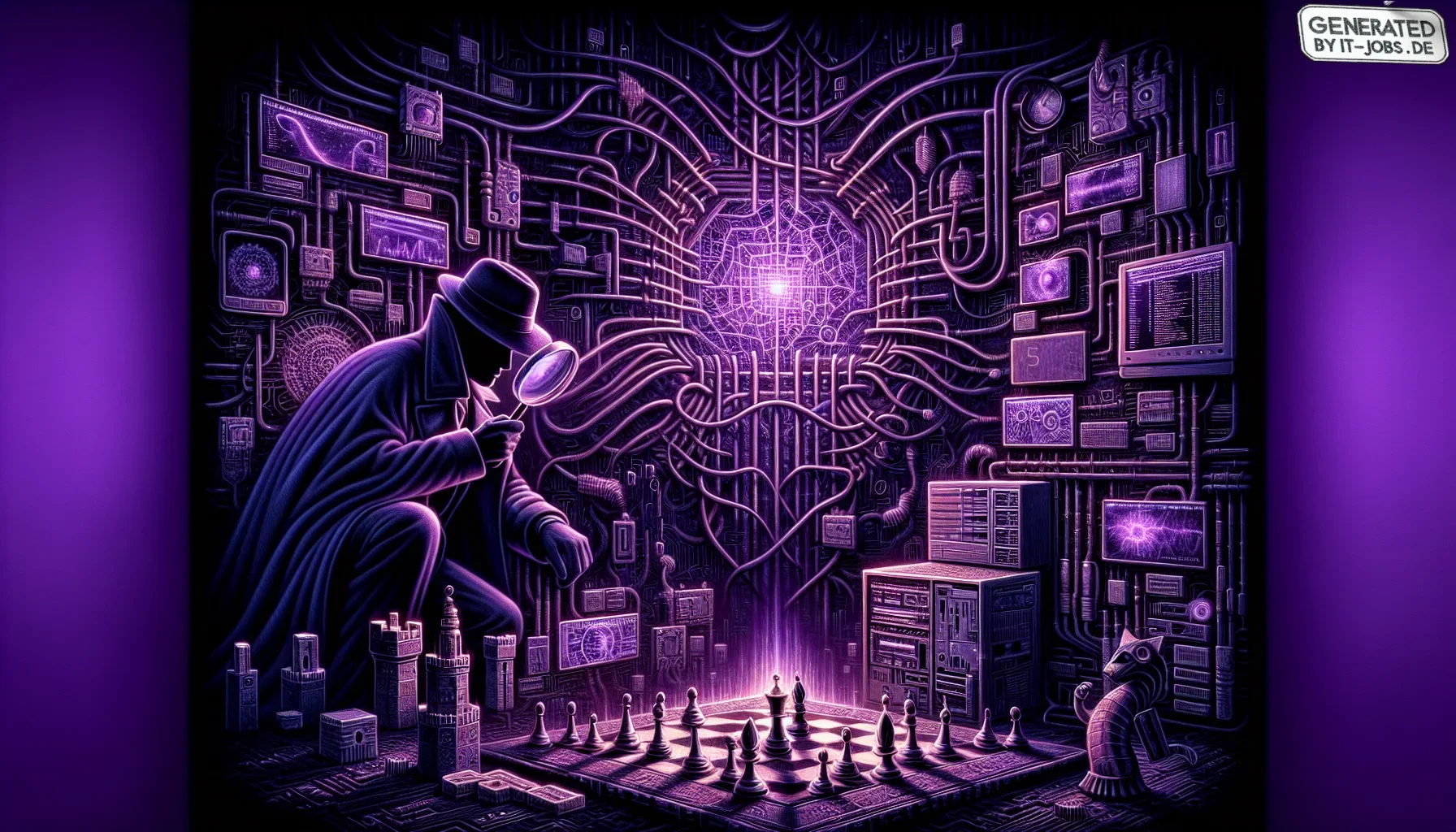 In the edgy visualization of this paragraph, the scene is set in a profoundly deep, dark purple hue that permeates the entire canvas, creating an enigmatic and moody ambiance. The background is a dense labyrinth of interconnected circuitry, representing t