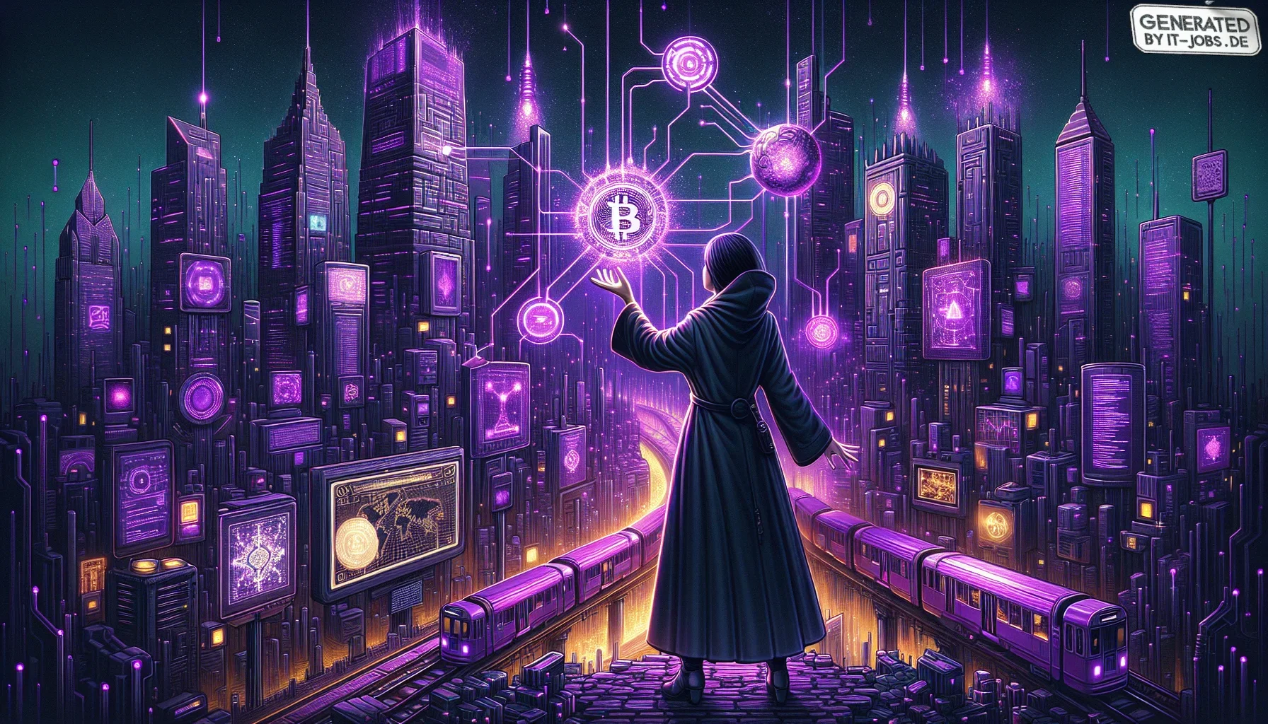 In your imagination, picture a sprawling digital metropolis bathed in deep, edgy shades of dark purple. Neon lights flicker against towering skyscrapers, forming an intricate web of interconnected financial institutions. The entire scene exudes an allurin
