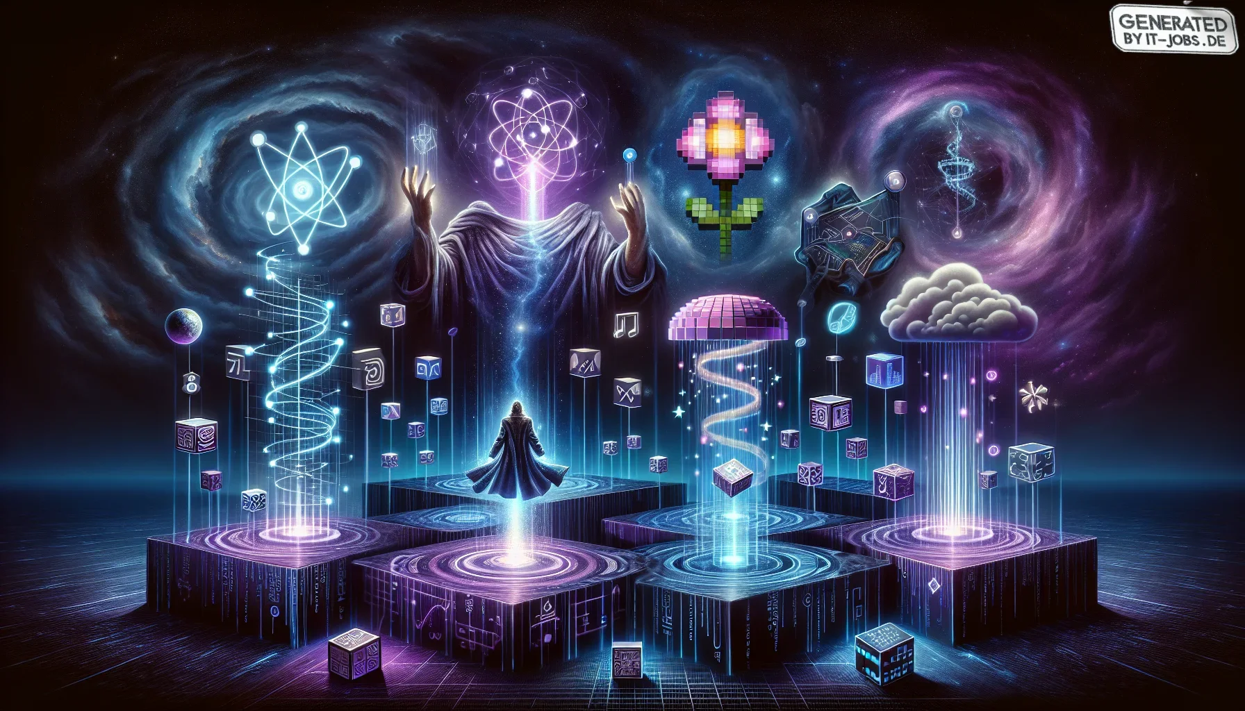 In the heart of a darkened digital cosmos, the scene unfolds in a swirling vortex of purples and shadows, an enigmatic tribute to the rapid evolution of technology. The ambiance is edgy and electrifying, resonating with invisible tech energy as bits and b