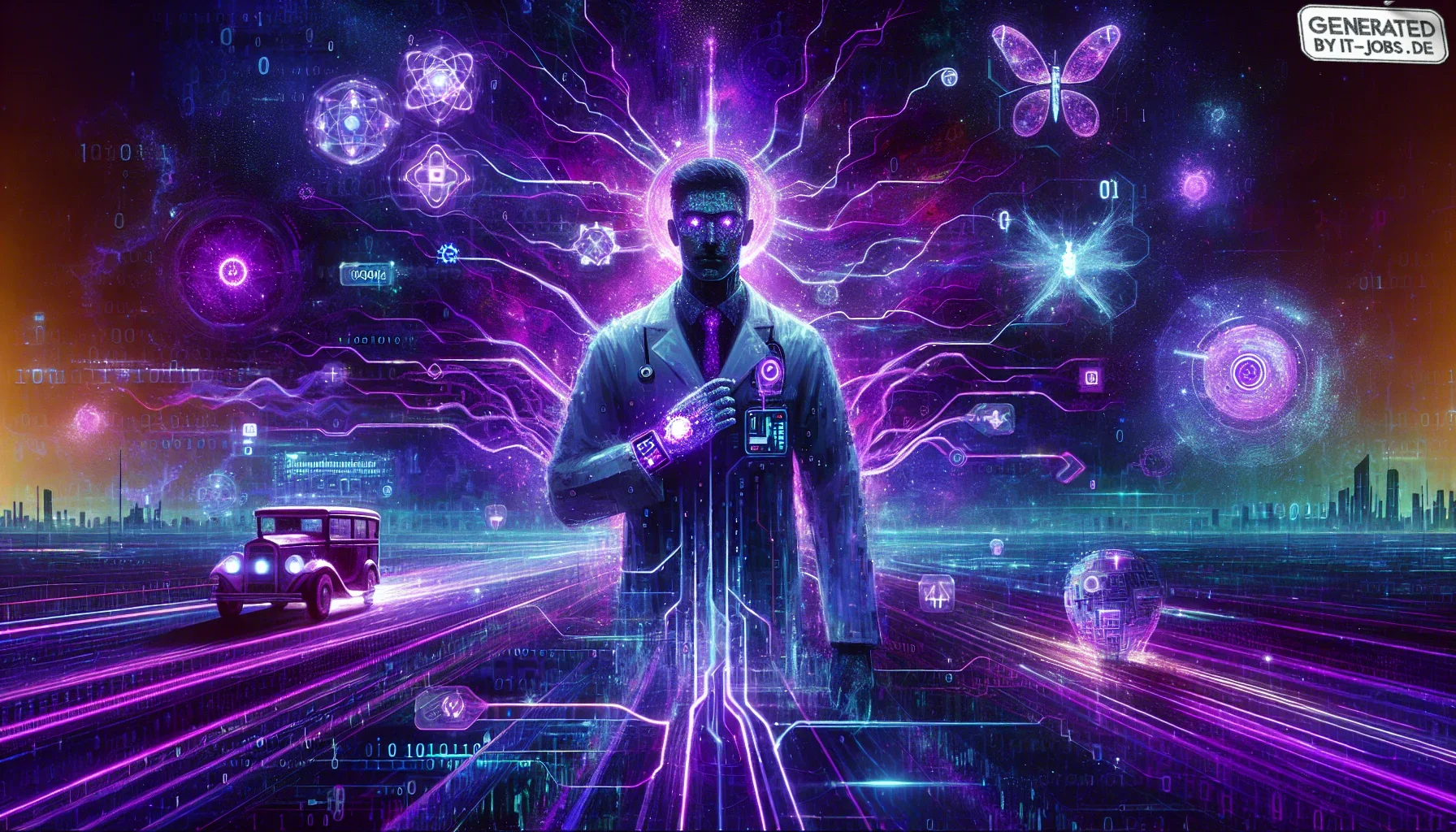 A dark, edgy digital landscape unfolds before us, drenched in deep purple hues. The vibrant backdrop is a sprawling network of digital veins, pulsating with life and technology, illuminating the dark canvas with veins of ultraviolet light. It's a cyber my