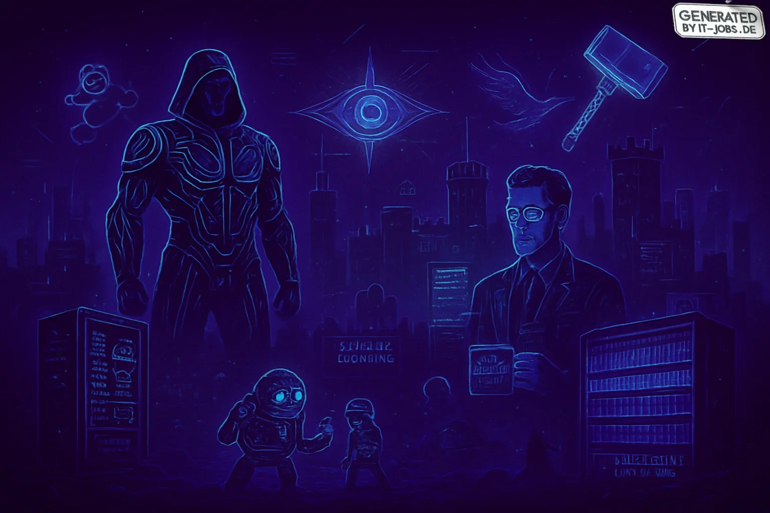 The image features a deep purple, immersive digital cityscape, dominated by a towering figure symbolizing adaptive security. Flanked by sleek tech personas—Machine Learning as a charismatic entity, scanning data with a holographic interface—SIEM systems r