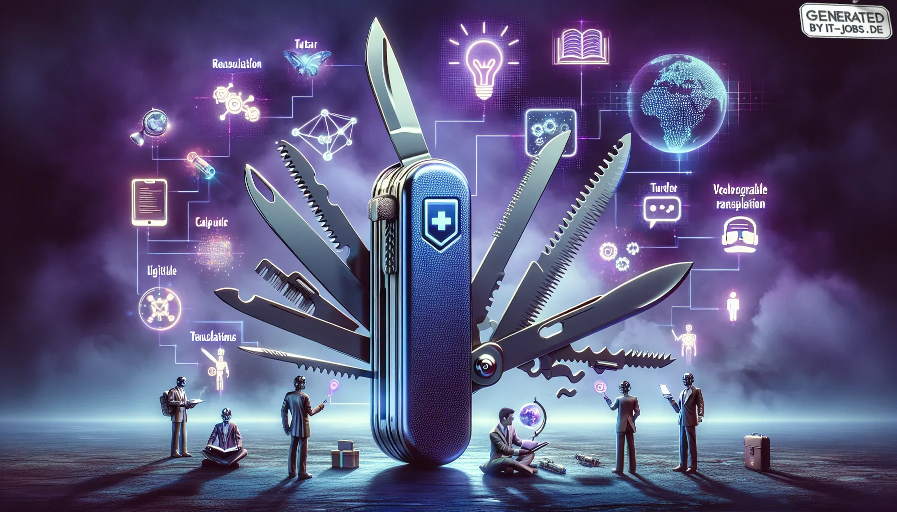 A captivating visualization unfurls, steeped in an edgy, dark purple theme that captures the essence of future trends and innovations in AI education. The scene is bathed in a mysterious purple haze, creating an atmosphere both futuristic and whimsical, p