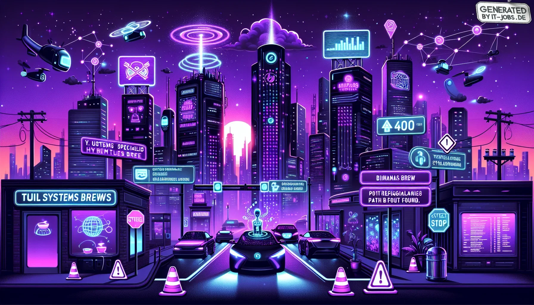 In this edgy, dark purple-themed visualization, we see a cityscape at dusk, bathed in an otherworldly hue of deep purples and midnight blues, suggesting a world on the cusp of change. The skyline is dotted with sleek, futuristic buildings, interspersed wi