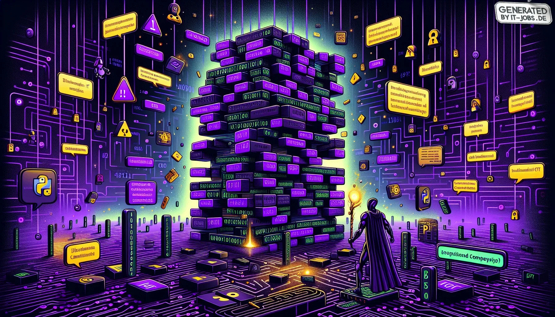 In this edgy, dark purple-themed visualization, the essence of the paragraph is transformed into a vivid, cyber-inspired landscape brimming with humor and pop-culture references.

**Foreground**: 

At the center of the scene stands a colossal Jenga tower,