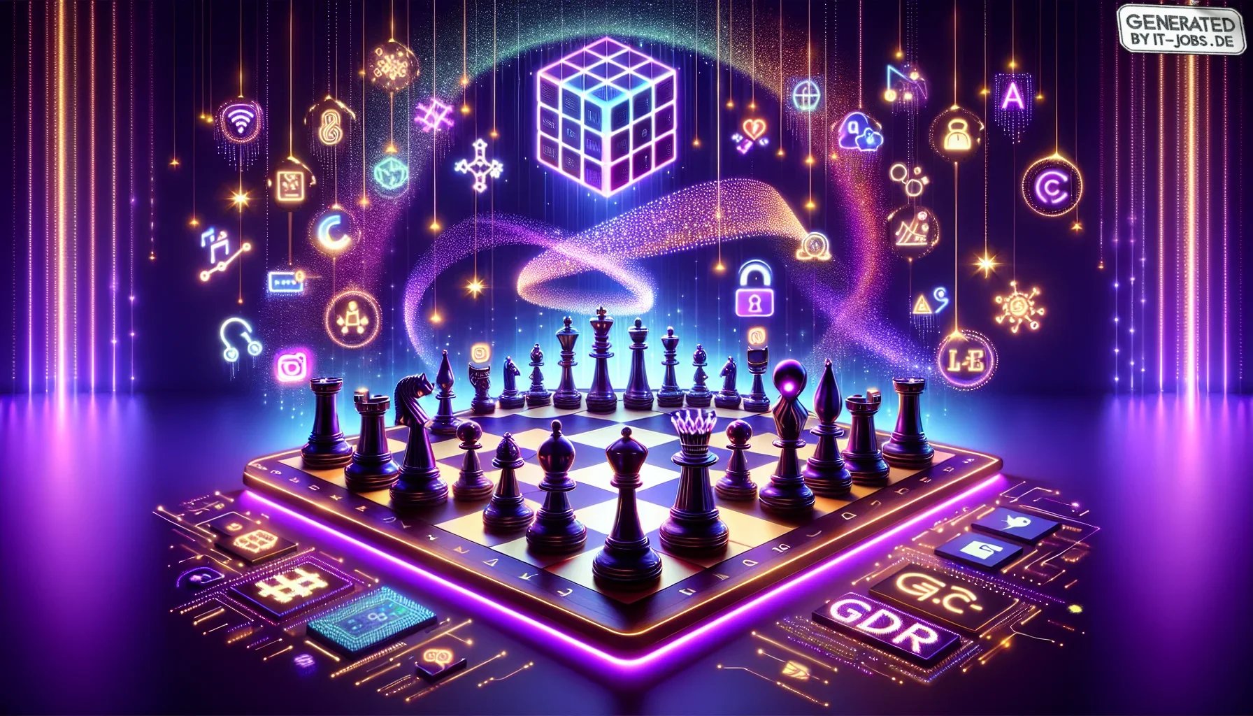 The visualization is a bold, edgy artwork that resonates with the dynamic nature of digital content strategies. The predominant dark purple hue sweeps across the canvas, offering an otherworldly yet stylish ambiance. 

In the foreground, there’s a giganti