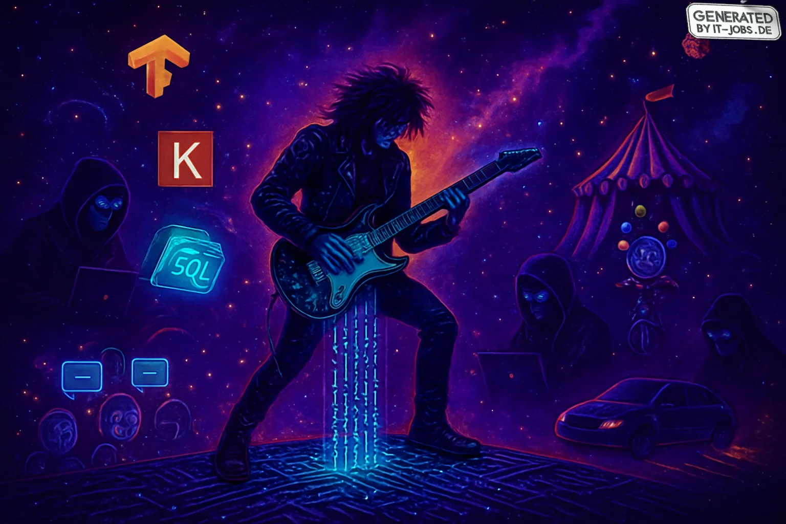 A dark purple galaxy filled with shimmering stars represents AI specialists' tech and creativity. A digital rock guitarist strums a guitar-keyboard on a circuit board stage, with glowing notes forming a virtual waterfall. Shadowy figures wield laptops, wh
