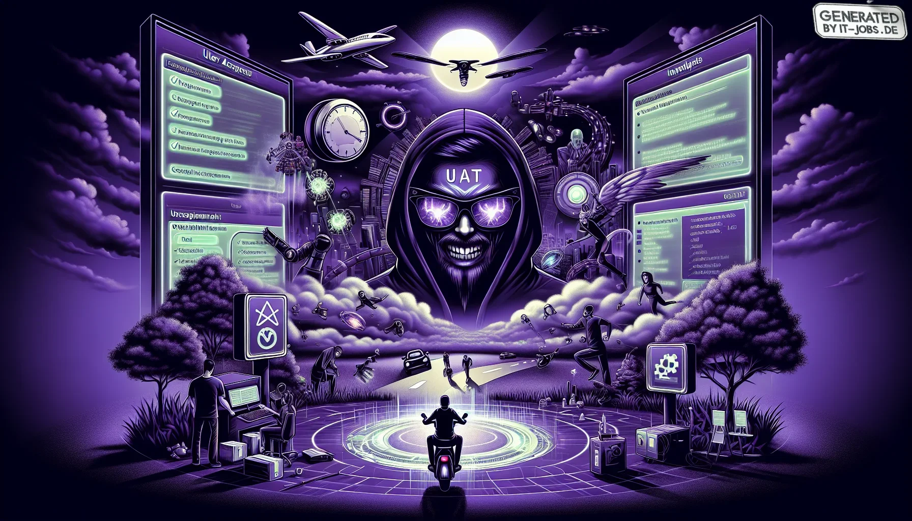 Picture this: a bold, visually striking digital artwork, drenched in shades of dark purple that set an edgy, almost otherworldly stage. The main canvas is a dynamic and slightly chaotic depiction of a UAT specialist's workspace that feels both futuristic