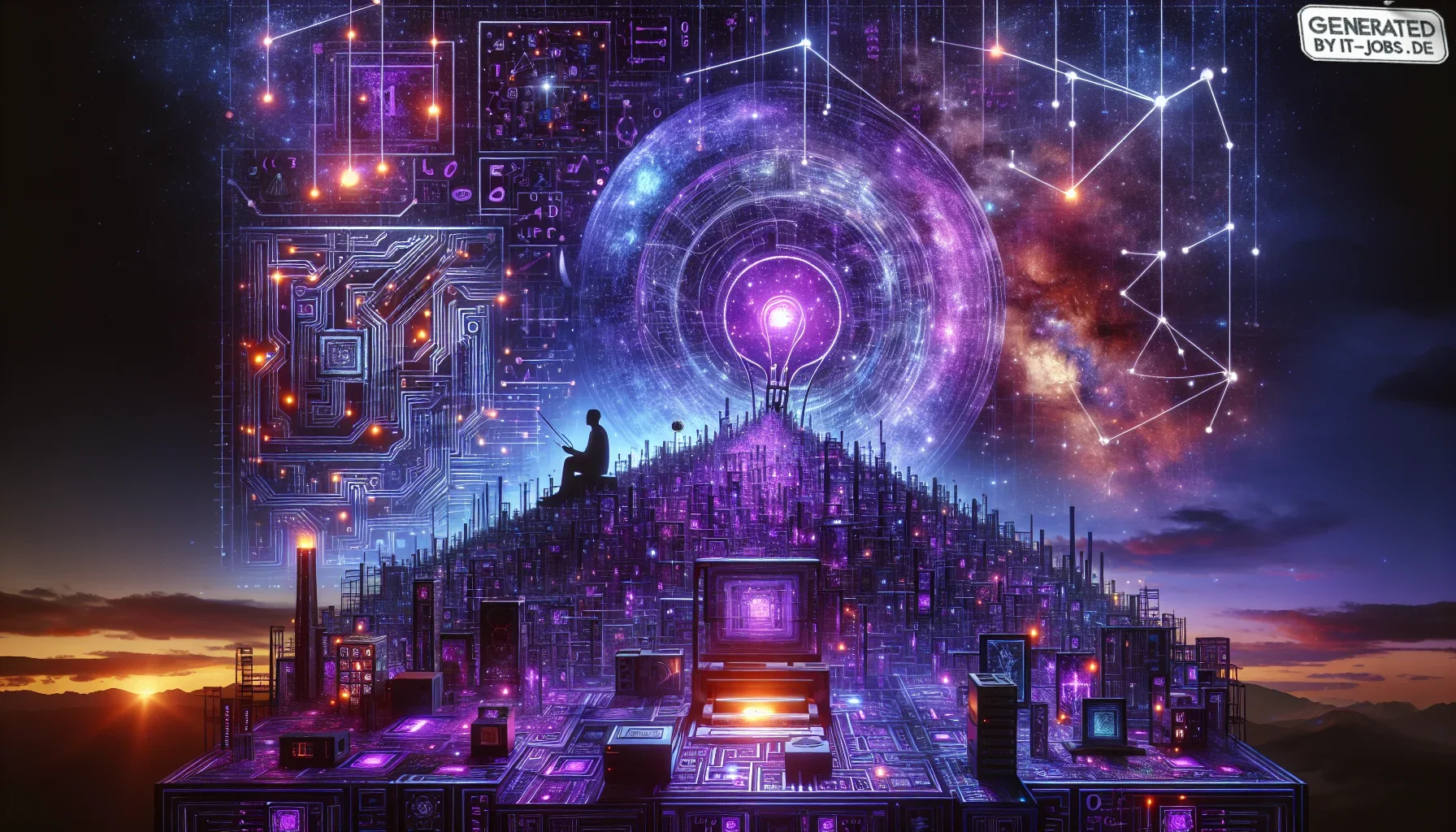 In your visualization, picture a dark and mysterious digital landscape with a dominant shade of deep, swirling purple, reminiscent of the cosmos. This background sets a tone of intrigue and complexity, embodying the enigmatic world of quantum informatics.